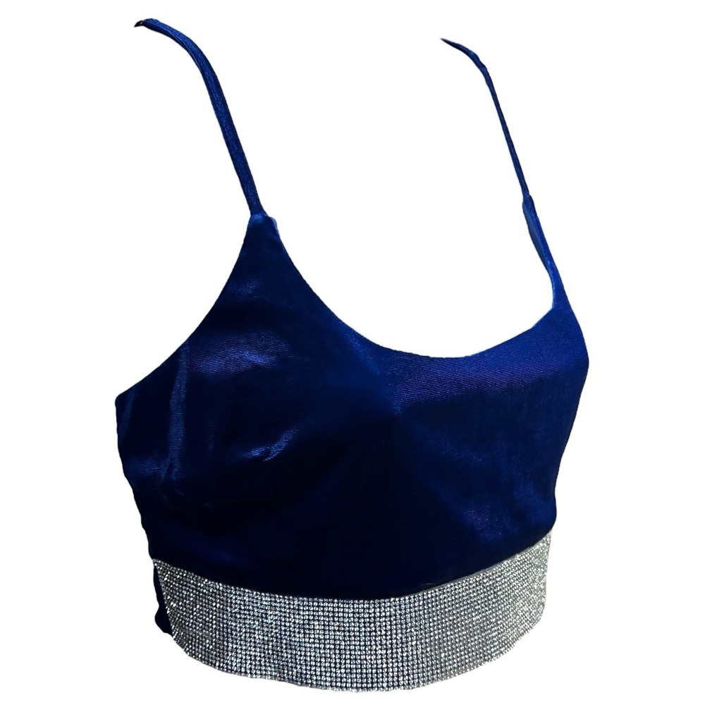 Akira Mia Luxe 2PC Outfit‎ Set Size M Cobalt Blue Velvet Rhinestone Glam Party - Picture 3 of 16